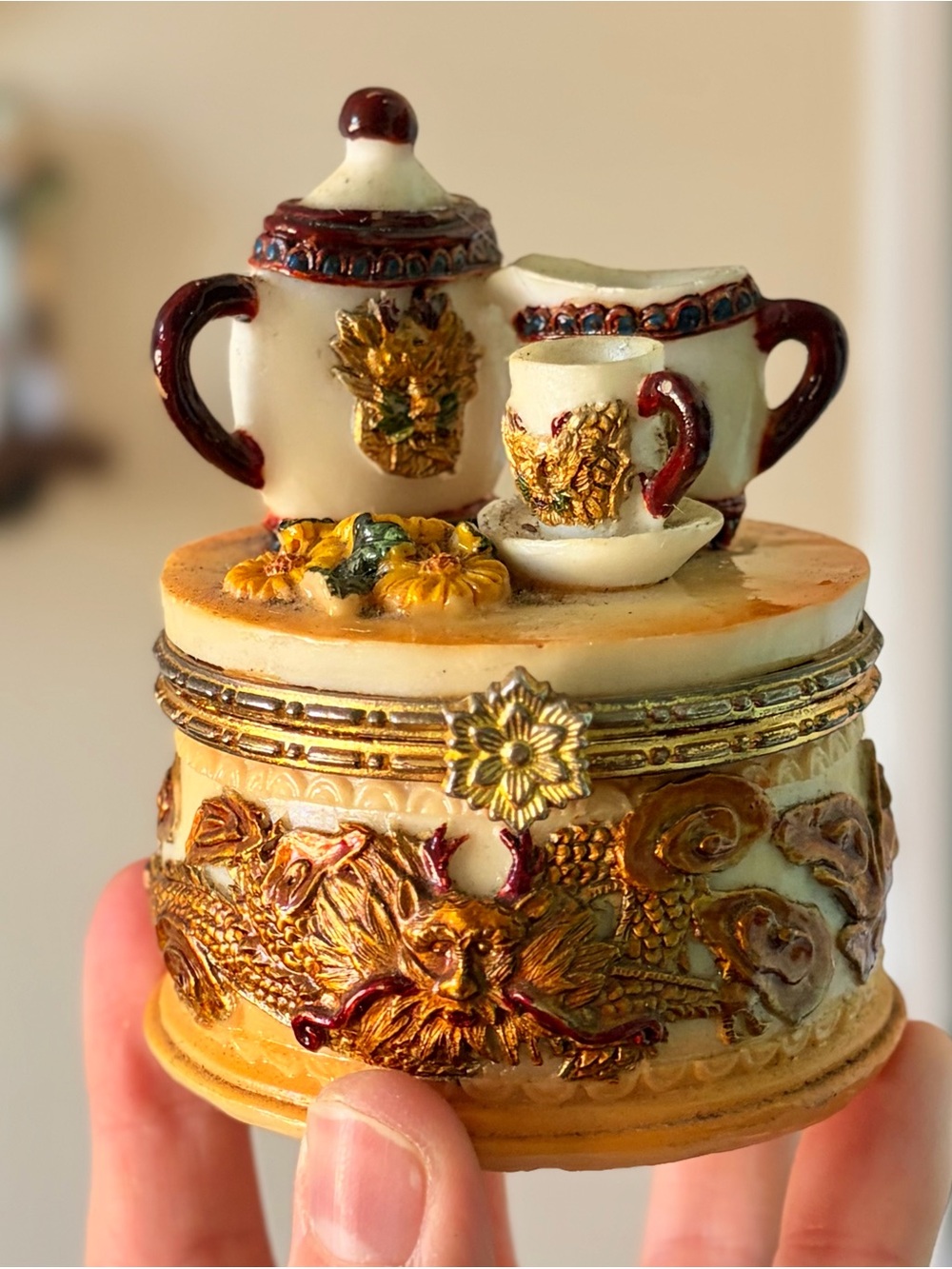 Miniature Tea Set Trinket Box - Cream & Burgundy Accents - Picture 5 of 6